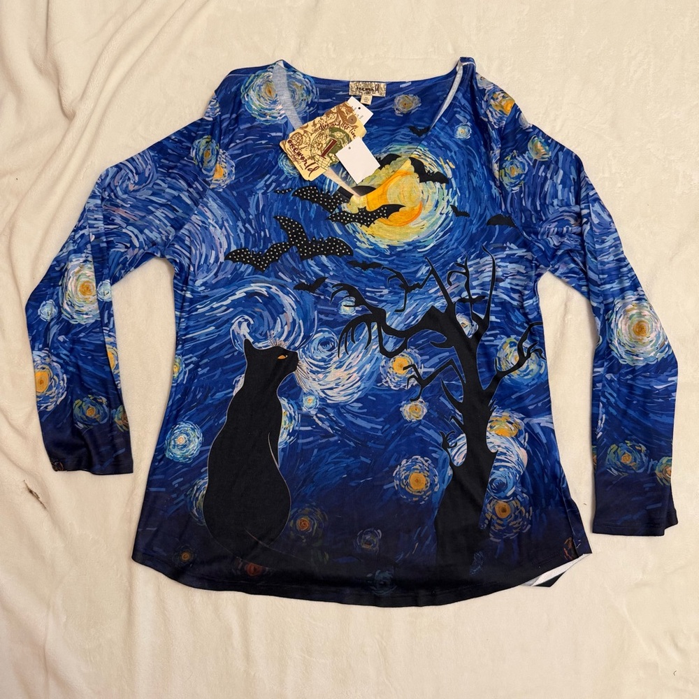 ONE WORLD Blue Starry Cat Print Long Sleeve Top